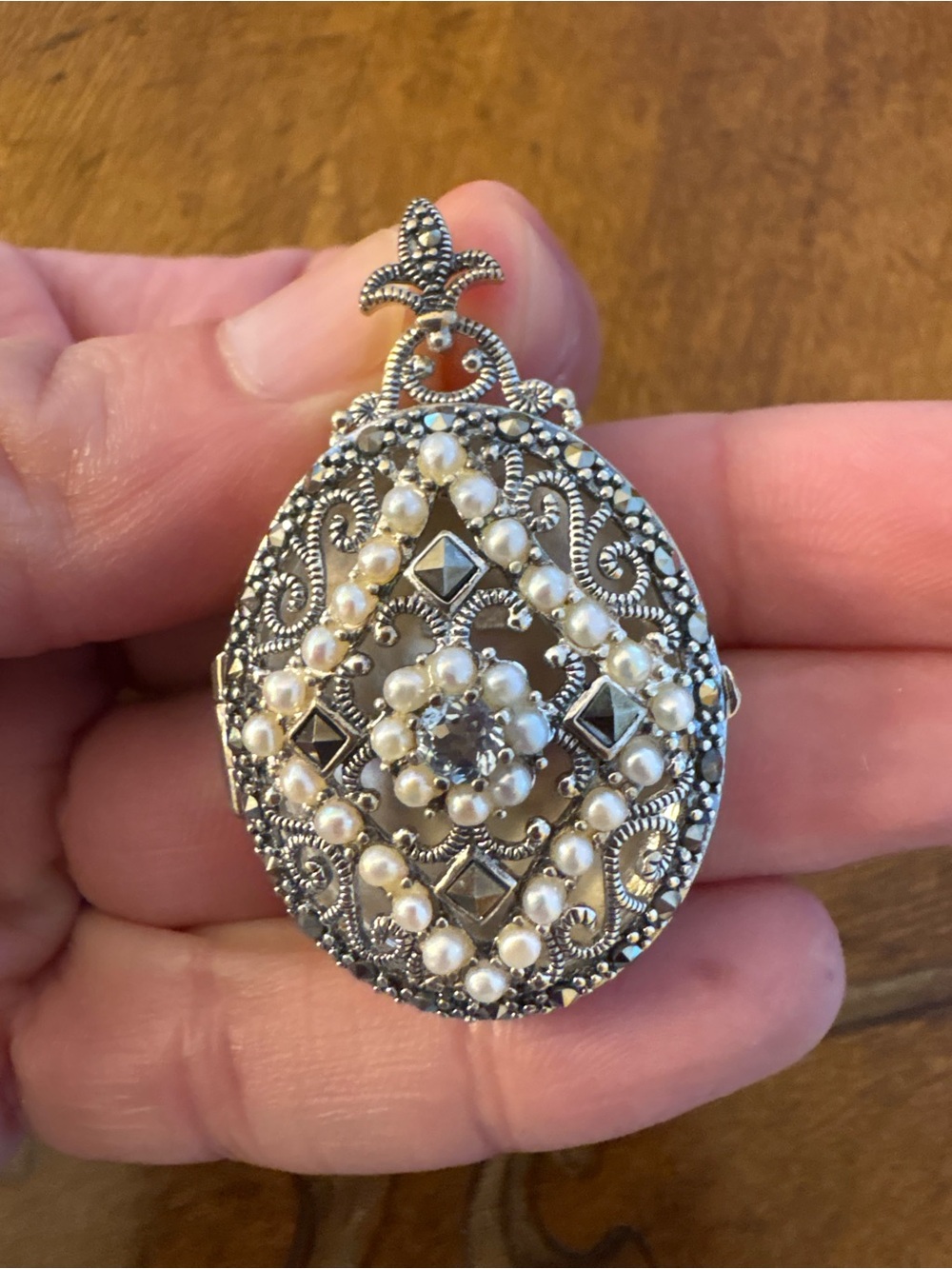 Vintage 925 Sterling Silver Marcasite Pearl Locket Pendant Gothic 1.75” - Picture 15 of 15